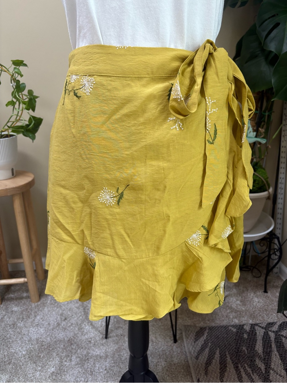 Anthropologie G.P.D. Embroidered Mustard Tie-Waist Ruffle Mini Skirt - Picture 3 of 9